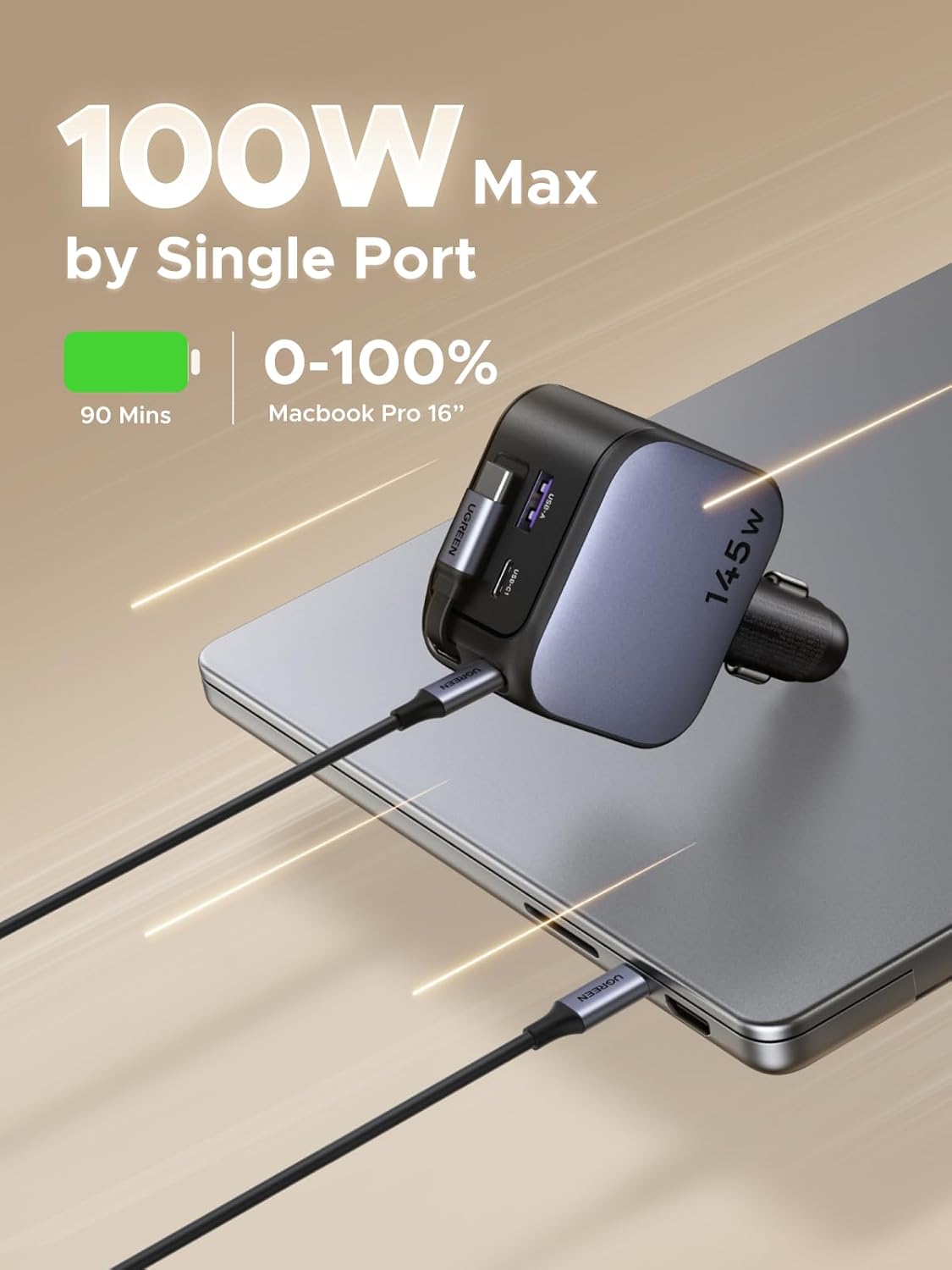 Fast Charging Cable - UGREEN 145W 3C1A 리트랙터블 차량용 충전기,
