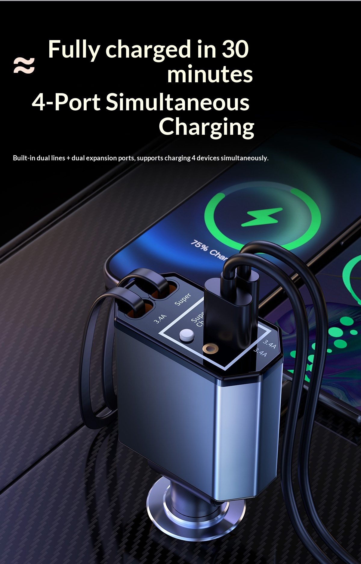 120W 차량용 충전기(텔레스코픽 케이블 포함) - 스 - Fast Charging Cable 리뷰 및 가격