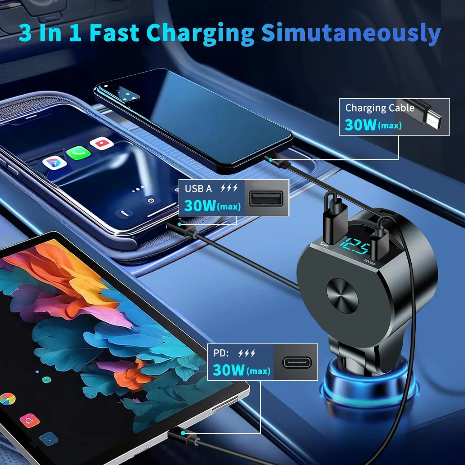 업그레이드된 리트랙터블 차량용 충전기 3 in 1, 6 - Fast Charging Cable 리뷰 및 가격